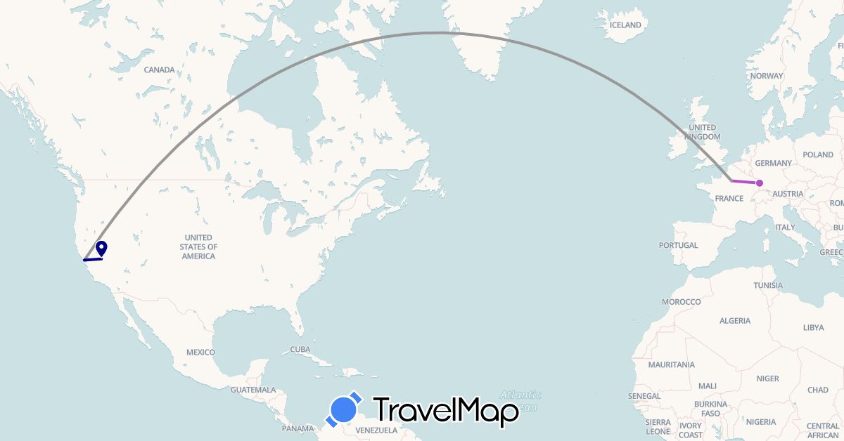 TravelMap itinerary: driving, plane, train in France, United States (Europe, North America)